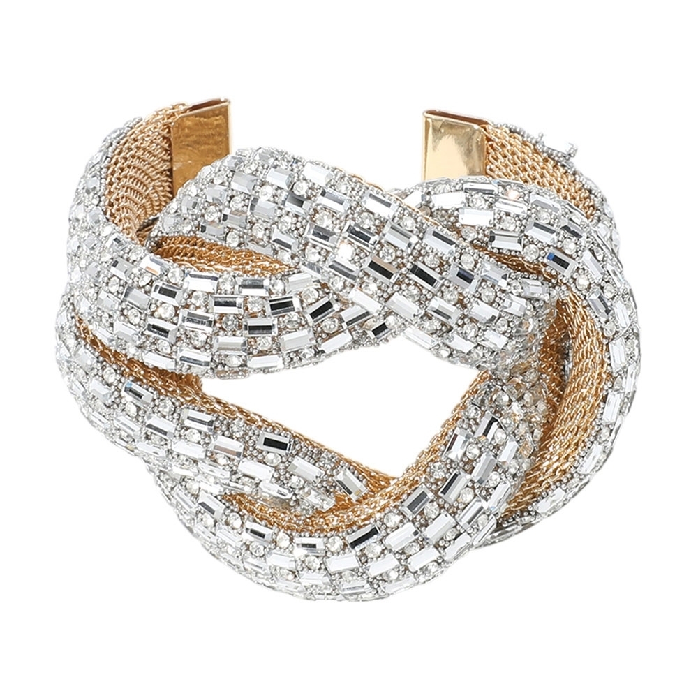 Gold Wide Crystal Emerald Cut Stone Knot Statement Bling Chunky Cuff Bracelet